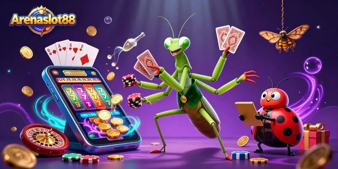 Arenaslot88 mengajak pemain merasakan kegembiraan permainan slot dengan gambar ilustratif karakter menarik sambil bermain.