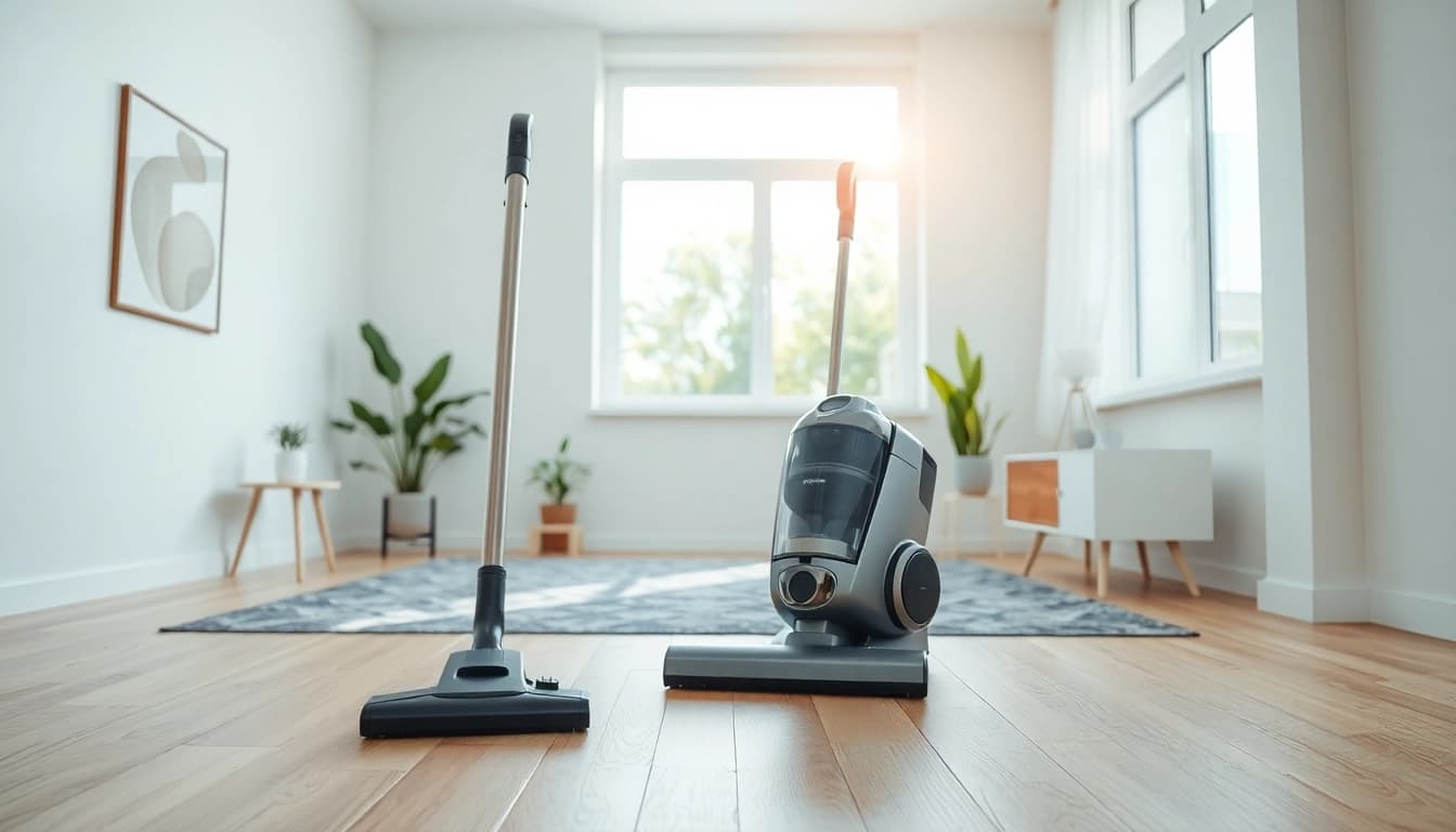 Vacuum effortlessly gliding across a clean hardwood floor, showcasing its sleek design in a bright, modern home.