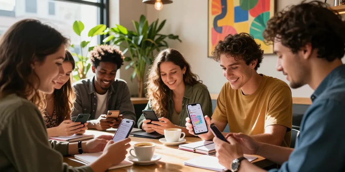 Group of friends discussing engaging Instagram comments in a lively café setting