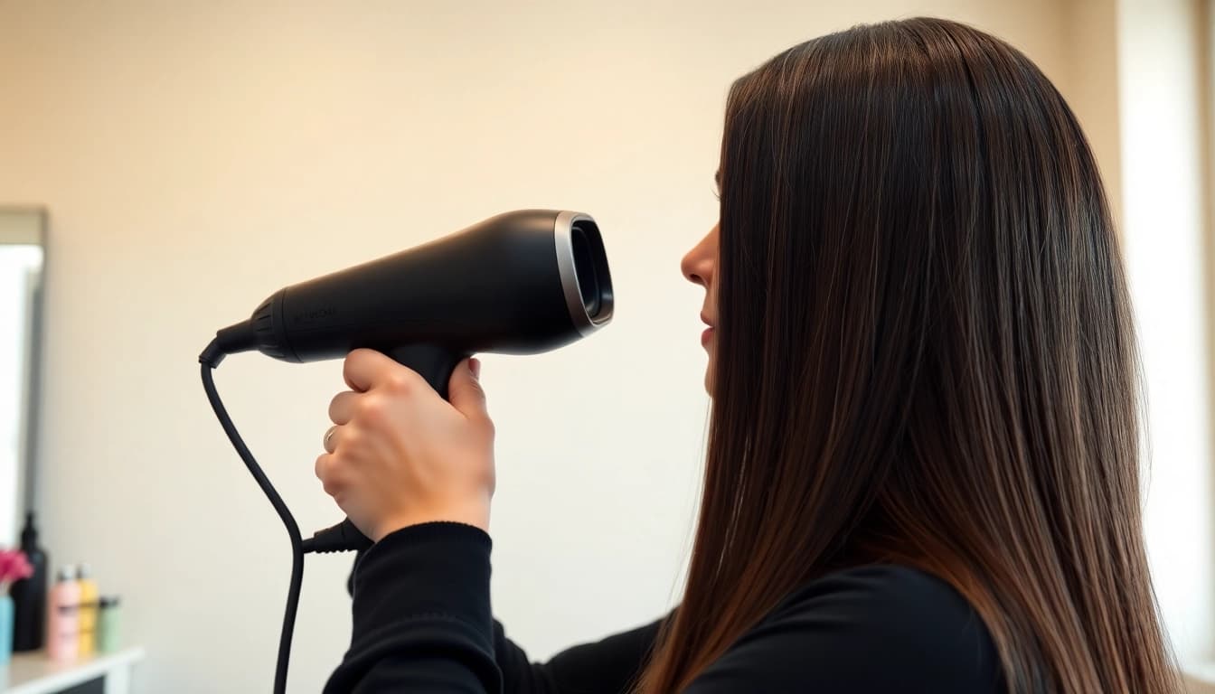 Make hair smooth with a frizzy hair dryer in a professional salon setting.
