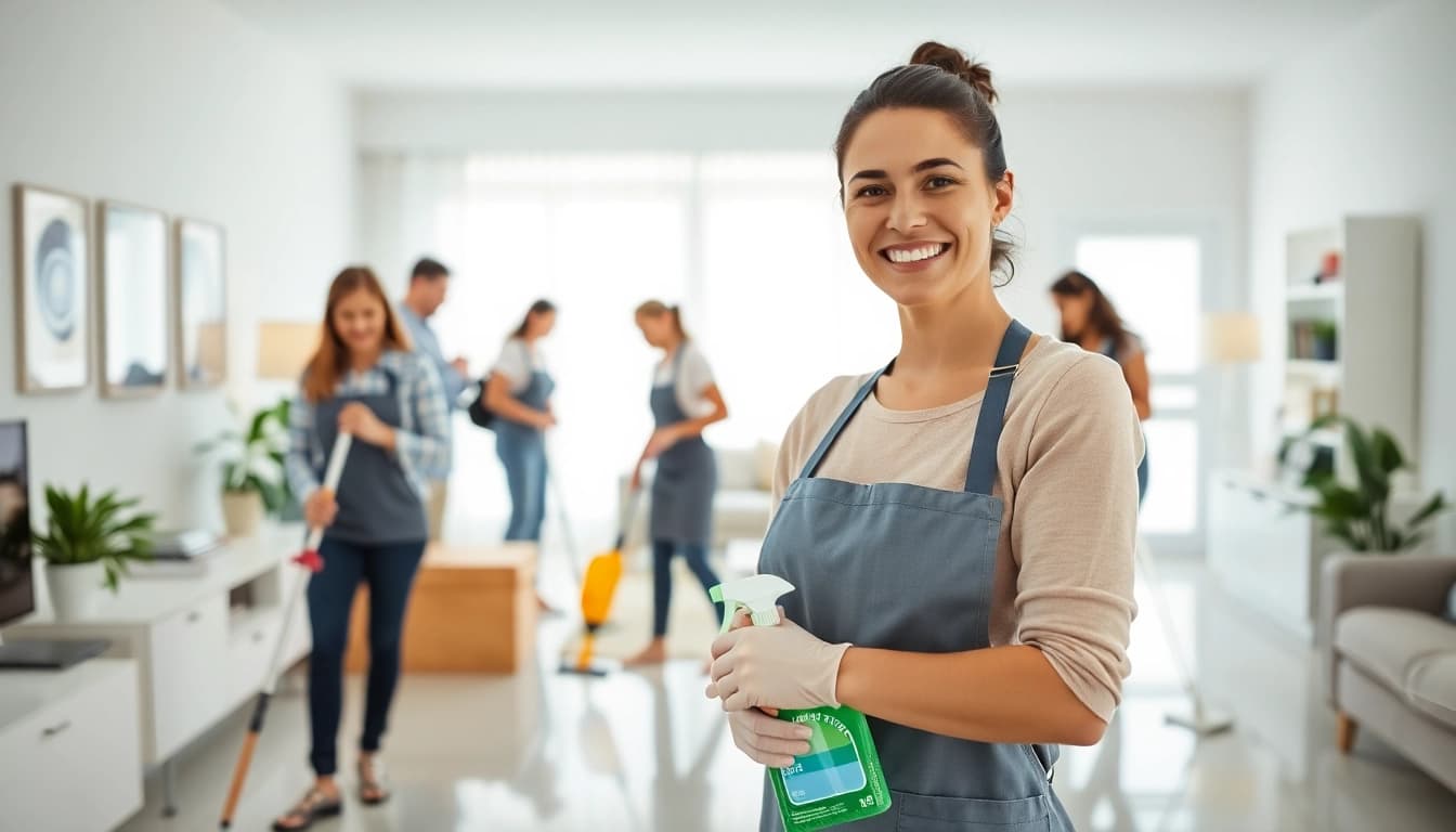 Demonstrating a Cleaning service while team members efficiently clean a bright and modern interior space.