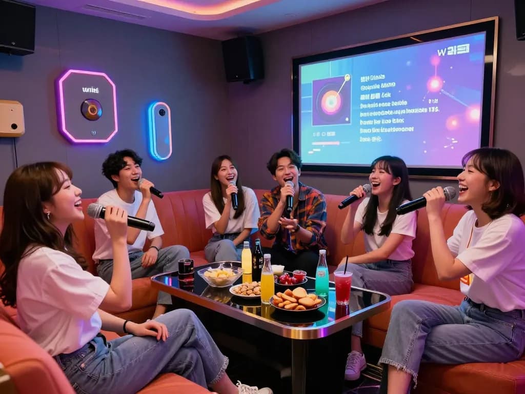 활기찬 파티 분위기를 자랑하는 개인실에서 친구들과 함께 3no.org/bupyeong에서 노래방을 즐기는 모습.