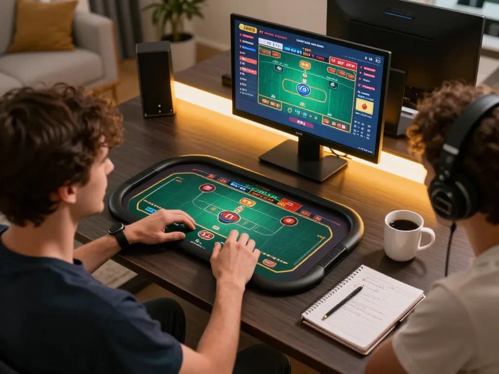 Player enjoying dn88 online casino poker with strategic notes and coffee.