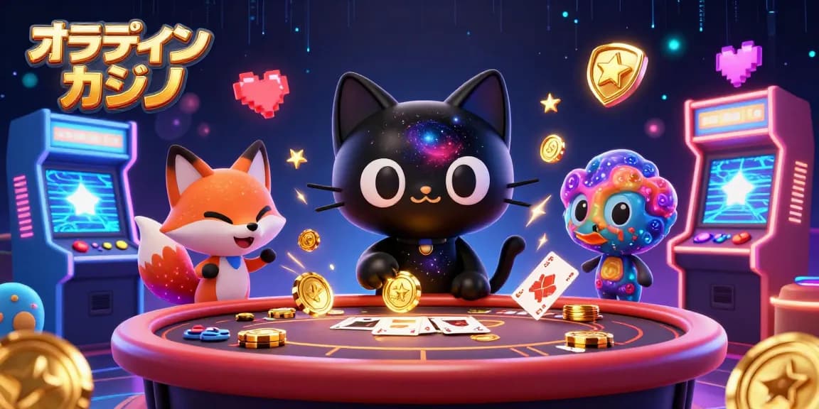 オンラインカジノでスロットを楽しむ猫のイラスト、カラフルなゲーム機が周囲に散りばめられています。
