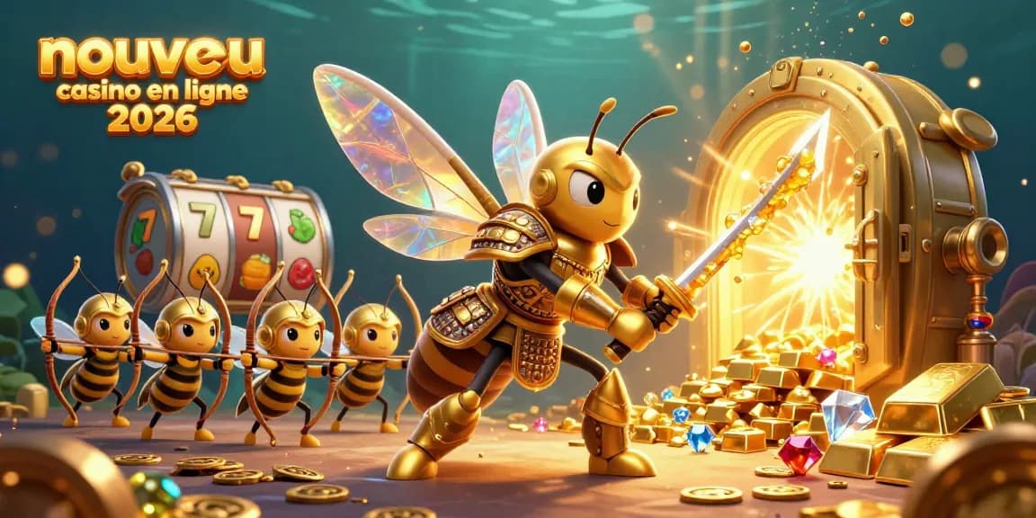 Rejoignez l'aventure des nouveaux casinos en ligne 2026 avec une illustration de hornet géant et de riches trésors.