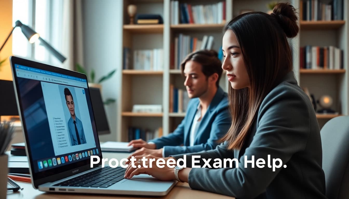 Students utilizing proctored exam help in a modern home office setup during online testing.