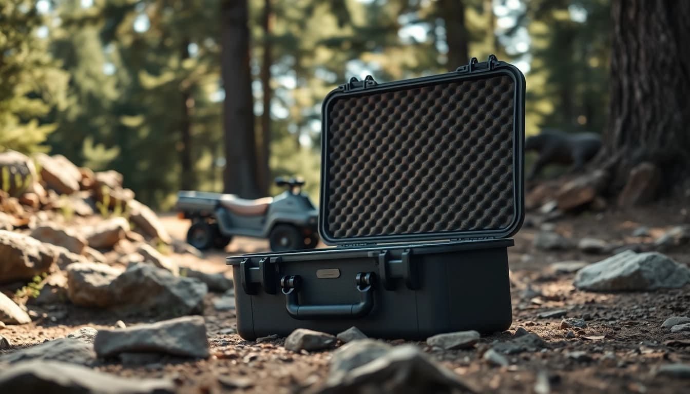 A rugged hard case displaying custom foam inserts, emphasizes durability in an outdoor setting.
