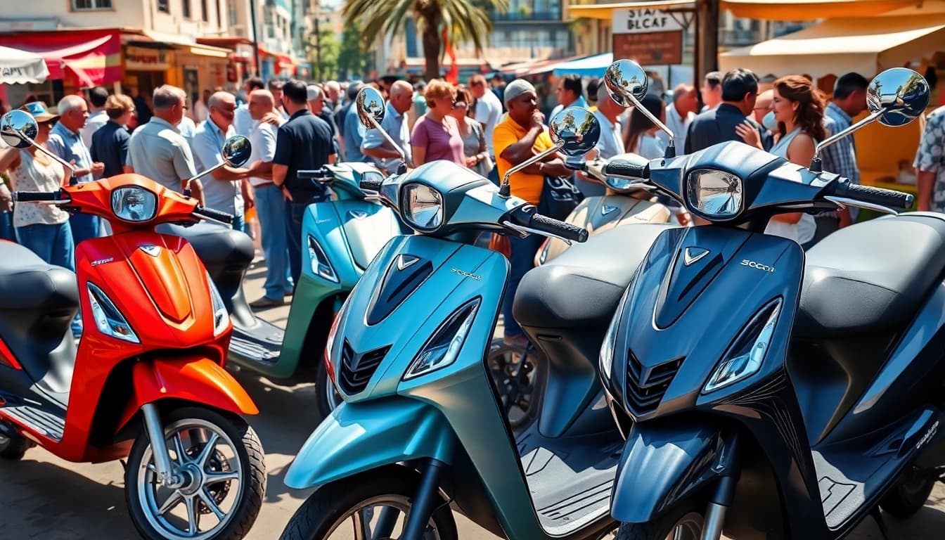 Roller 50ccm kaufen in einem lebhaften Stadtmarkt mit interessierten Käufern.