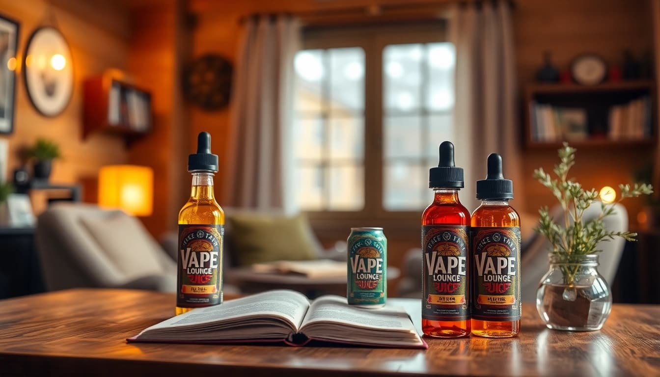 Discover unique vape juice flavors displayed elegantly in a cozy setting.