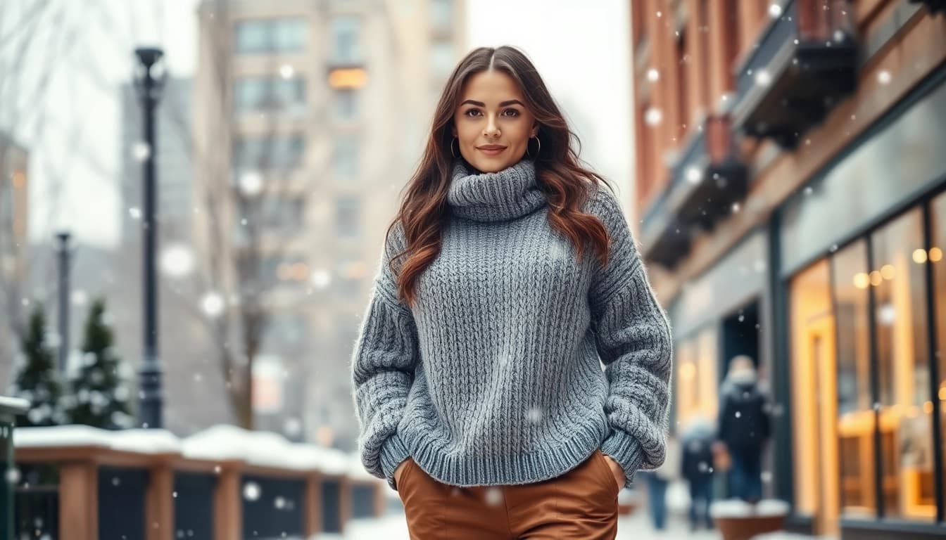 Model showcasing trendy winter fashion attire against a snowy urban backdrop.