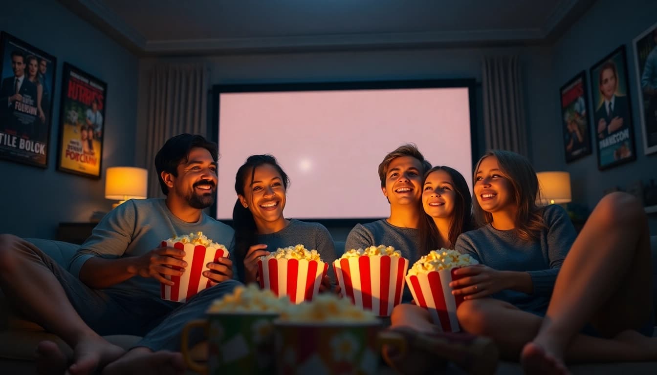 Engage with ดูหนังออนไลน์ through a joyful family movie night at home with popcorn and a cozy setting.