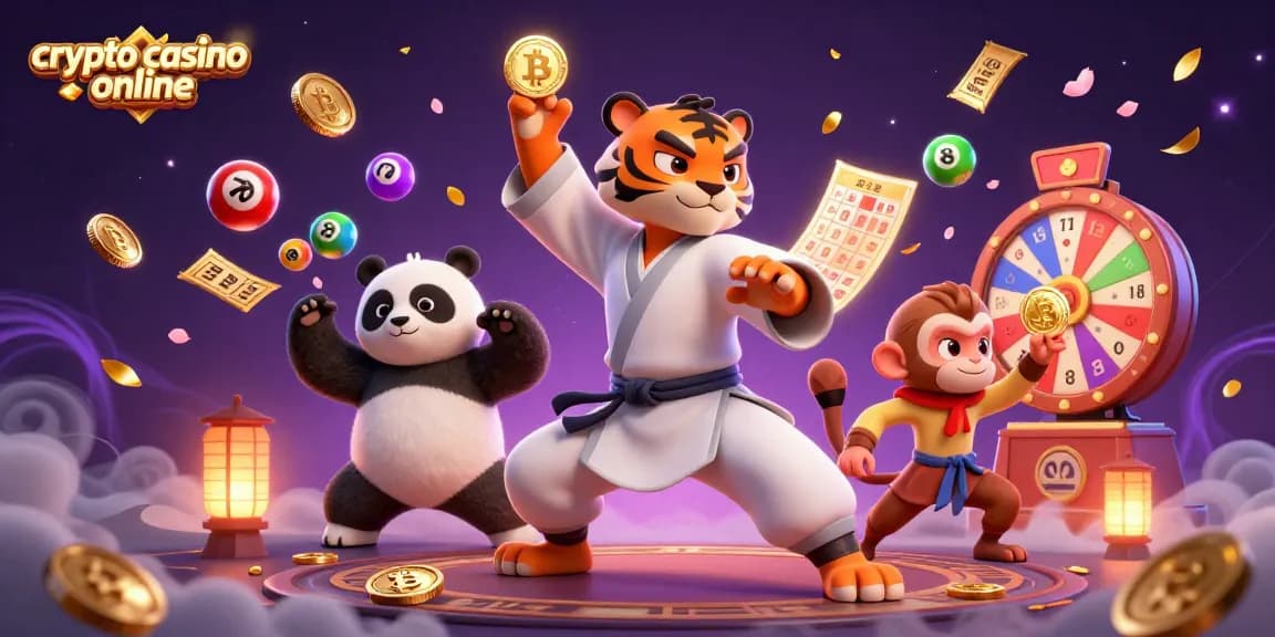 Giocare nel crypto casino online con monete Bitcoin e Ethereum mentre un maestro di kung fu guida i discepoli.