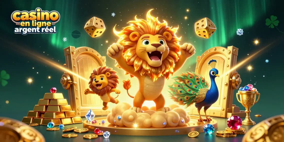 Gagnez gros avec le casino en ligne argent réel, illustré par le lion solaire entouré de trésors scintillants.
