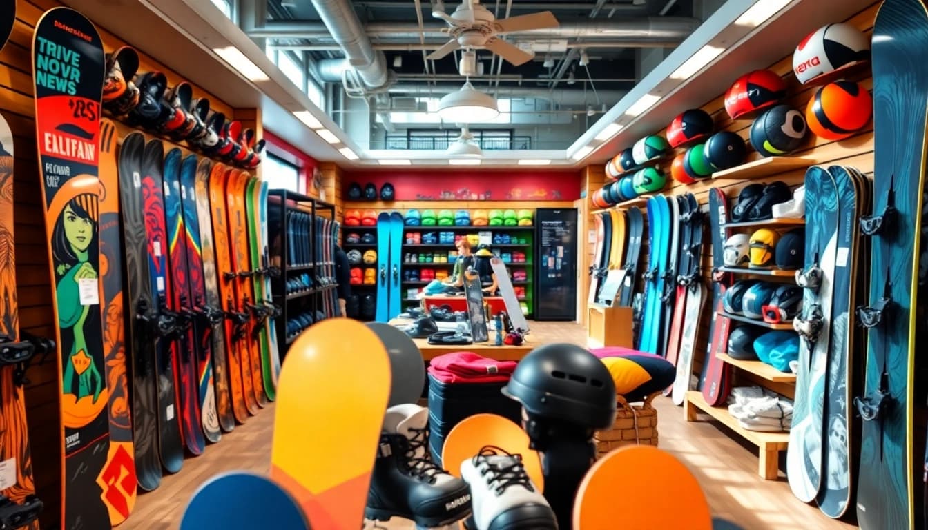 Browse gear at a vibrant snowboard store showcasing diverse selections and vibrant displays.