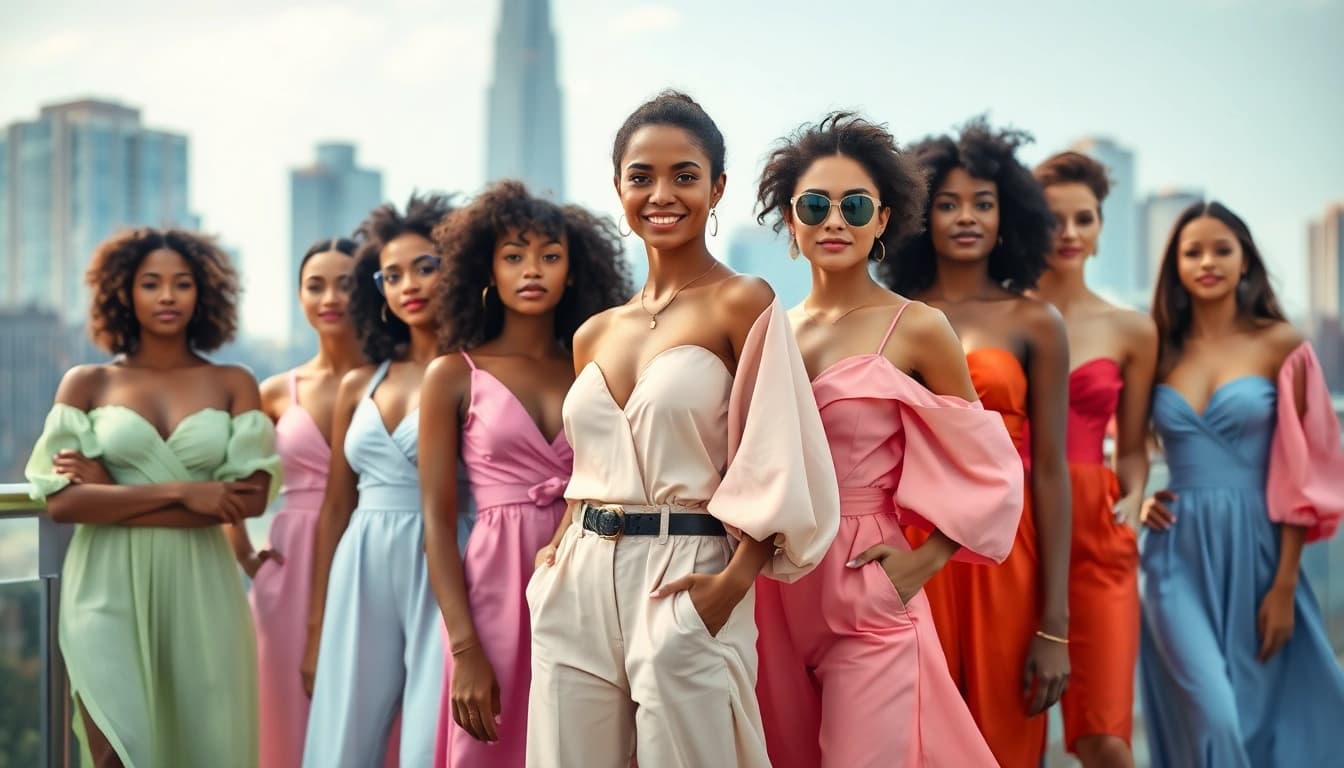Fashion models display vibrant outfits in a lively urban setting, radiating energy and style.