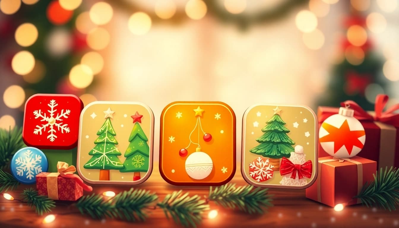 Vibrant christmas app icons showcasing holiday themes like trees and ornaments.
