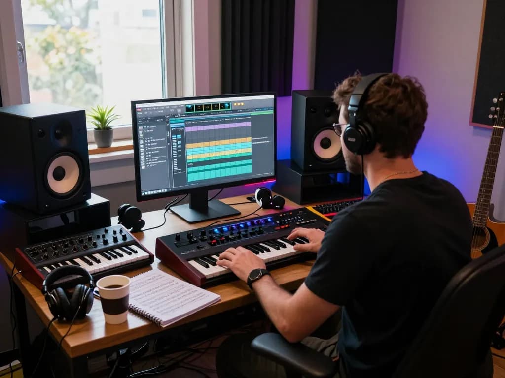 Musician in home studio with SC88 sound module creating music