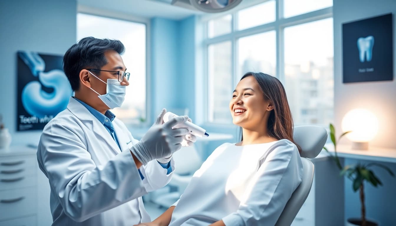 Bright dental clinic scene showcasing teeth whitening Malaysia procedures.