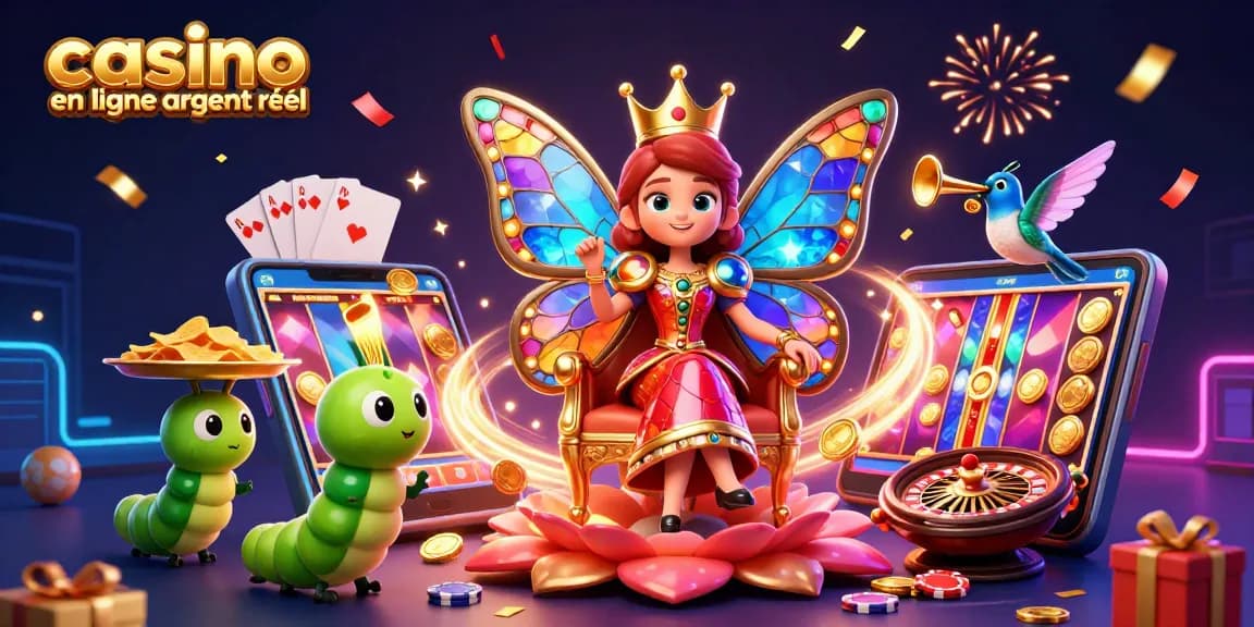 Jouer à casino en ligne argent réel avec une reine papillon et des éléments de jeu colorés.
