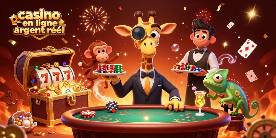 Animations sur casino en ligne argent réel avec une girafe à une table de poker VIP.