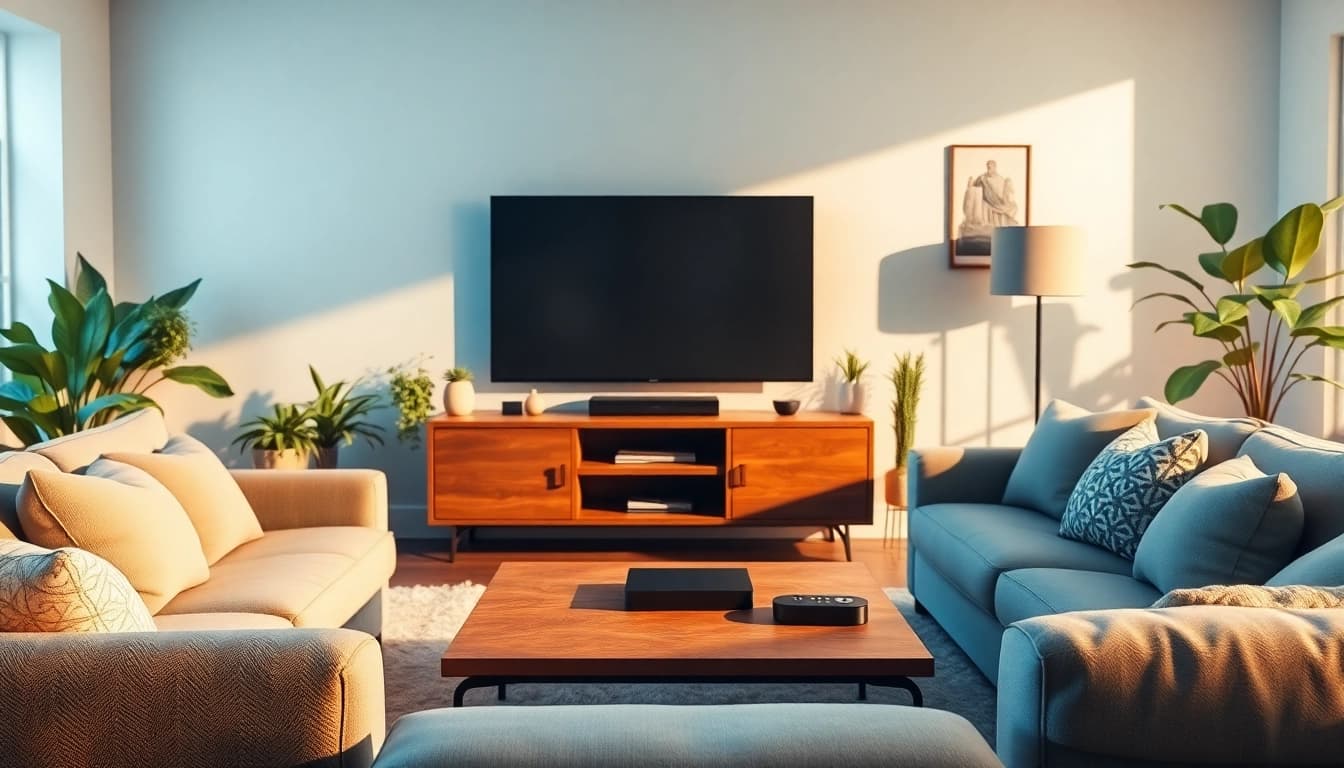 Enjoy streaming TV in a cozy living room with smart technology and inviting decor.