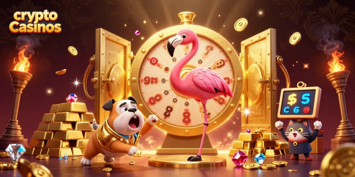 Illustration dynamique représentant des crypto casinos avec un flamant rose en hôte, un bulldog et un chat assistants.