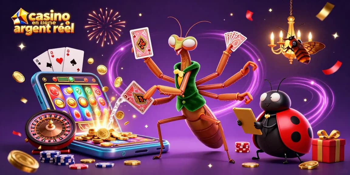 Jouez à vos jeux préférés dans un casino en ligne argent réel avec des personnages colorés et un décor festif.