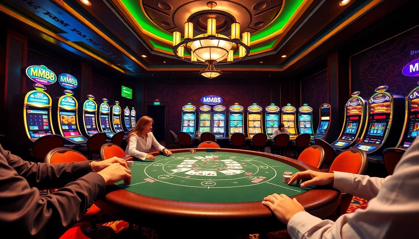 Engage in thrilling MM88 casino gameplay with vibrant poker and slot machine action.
