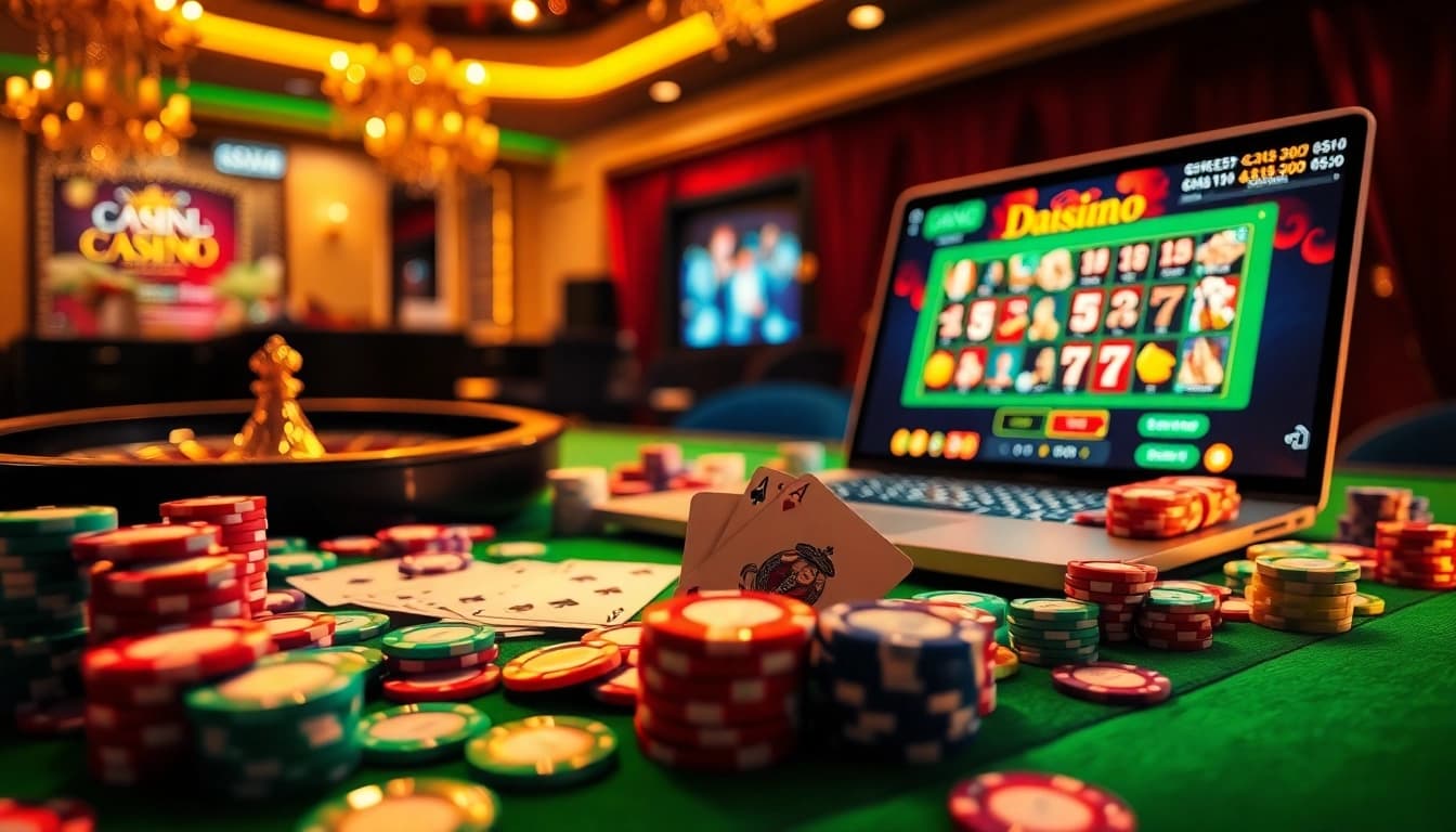 Scène passionnante de casino en ligne mettant en vedette des jetons de poker et une roue de roulette dans un cadre luxueux.