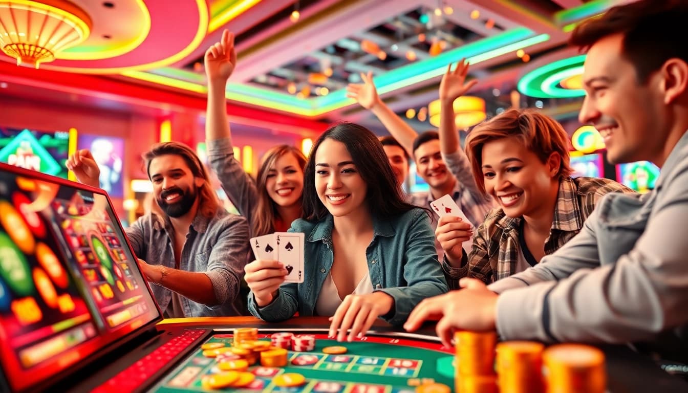 Experience the thrill of gaming at https://rusia777.com with vibrant scenes of players celebrating their wins.