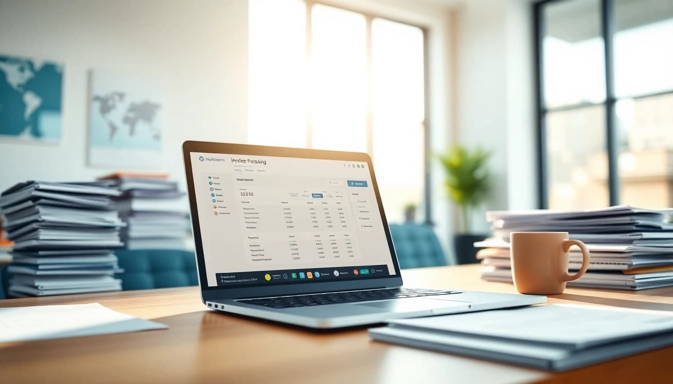 Streamlined interface of invoice processing software displayed on a laptop in a bright office setting.
