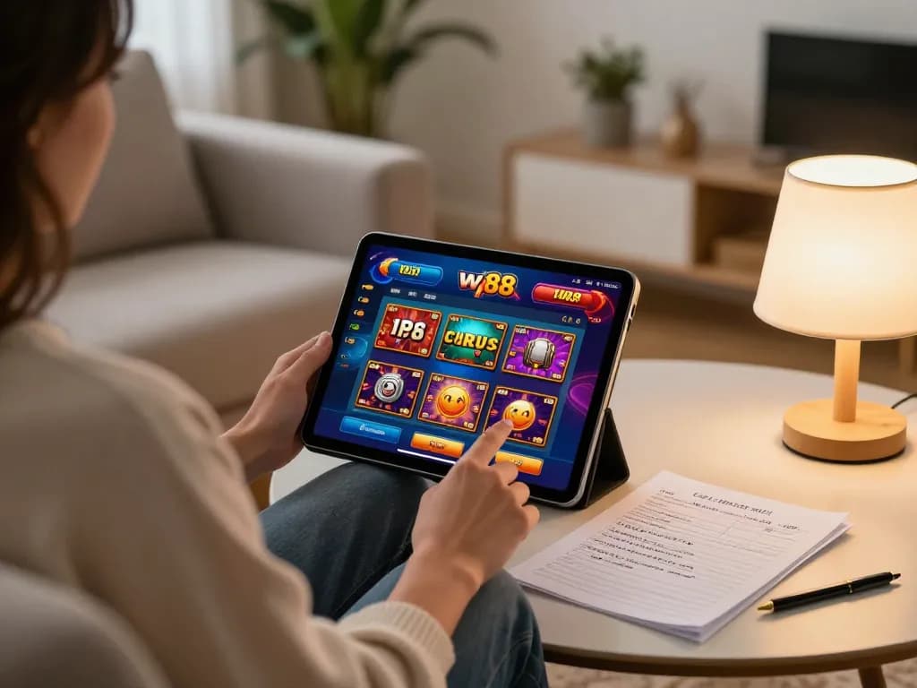 w 88 player engaging in online casino game on tablet with strategy notes nearby