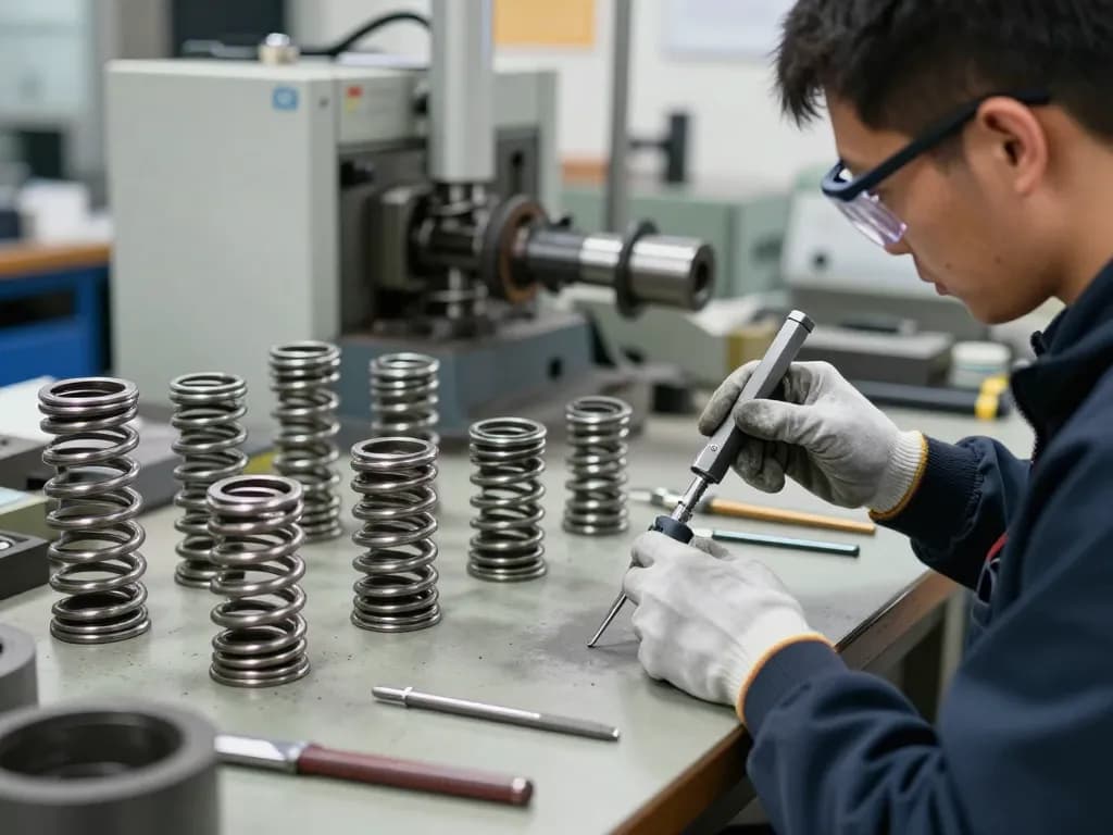 Inspecție de precizie a Arcurilor conice într-un atelier de producție.