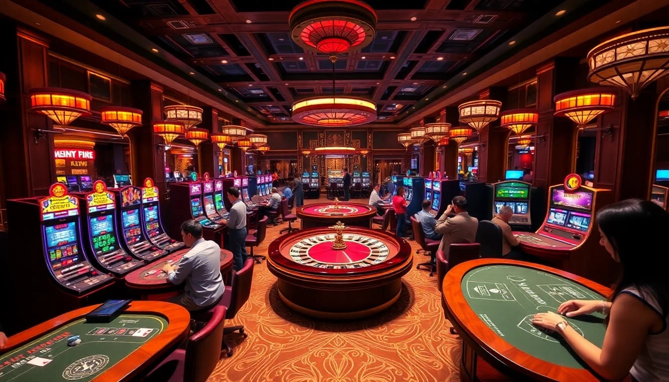 Engaged players at CM88 casino tables with vibrant games and luxurious atmosphere.