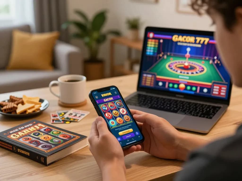 Player enjoying slot gacor 777 on mobile, surrounded by gaming strategy books in cozy workspace