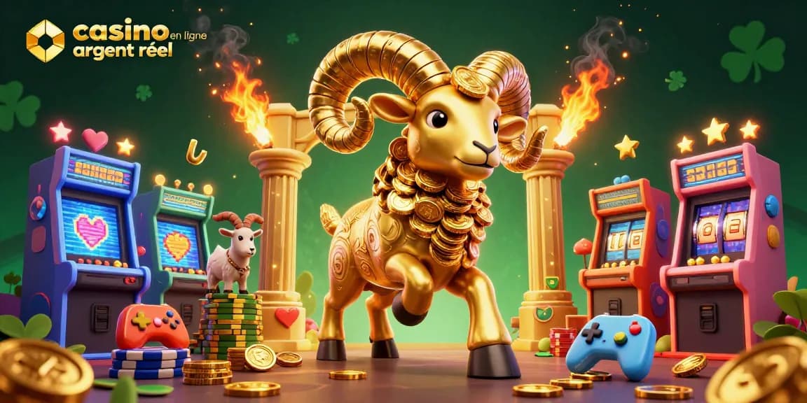 Profitez de l'expérience du casino en ligne argent réel avec un bélier doré et des machines à sous.