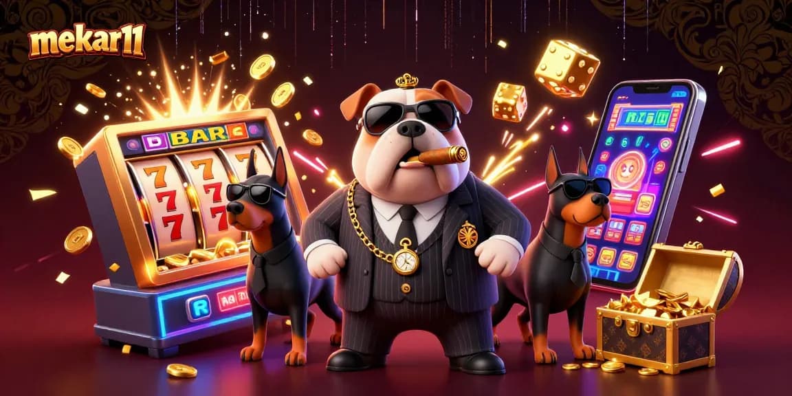 Experience the excitement of mekar11 with a vibrant, casino-themed 3D illustration featuring a mafia boss and jackpots.