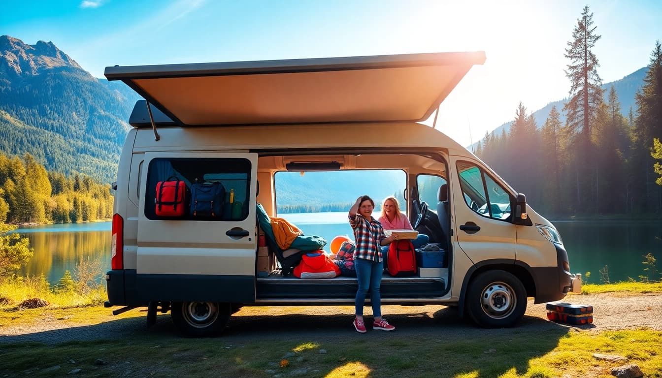 Family enjoying travel preparation at https://fernweh-abenteuer.de while packing a camper van by a lake