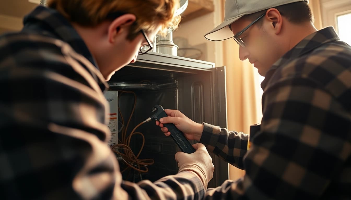 Heating repair mt kisco technician working on a furnace in a warm home environment.