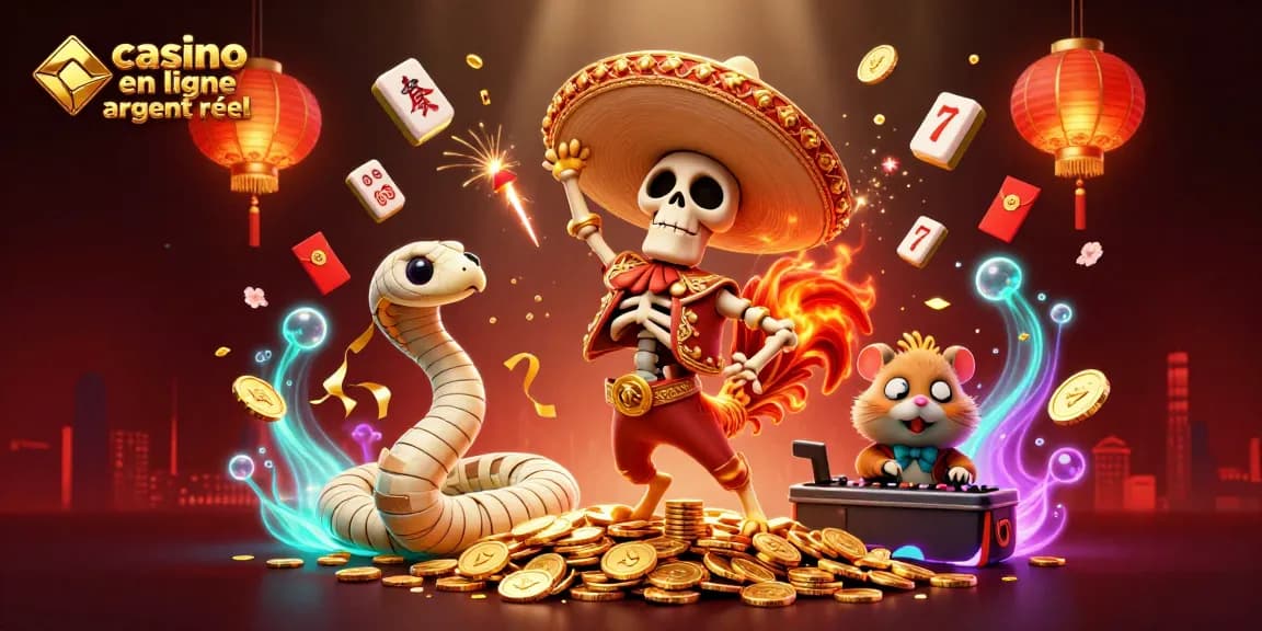 Plongez dans l'univers du casino en ligne argent réel avec une scène animée pleine de succès et de richesses.