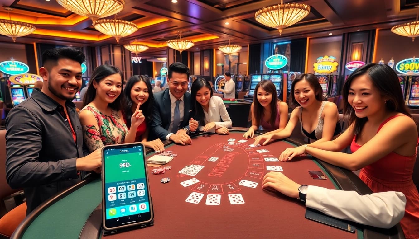 Players experiencing thrilling betting with the 9Dbet App at a vibrant casino table.