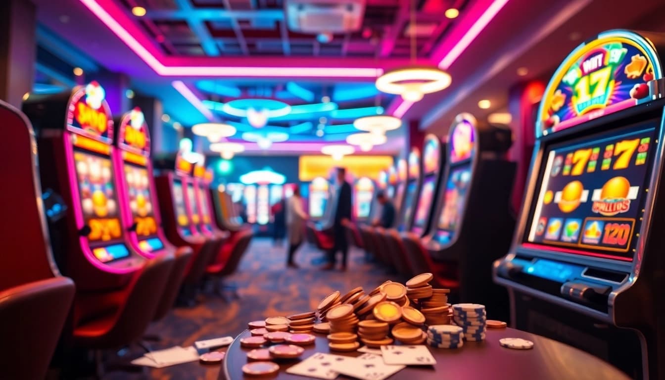 Akses slot deposit 1000 dengan motif mesin slot berwarna-warni dan suasana kasino yang hidup.