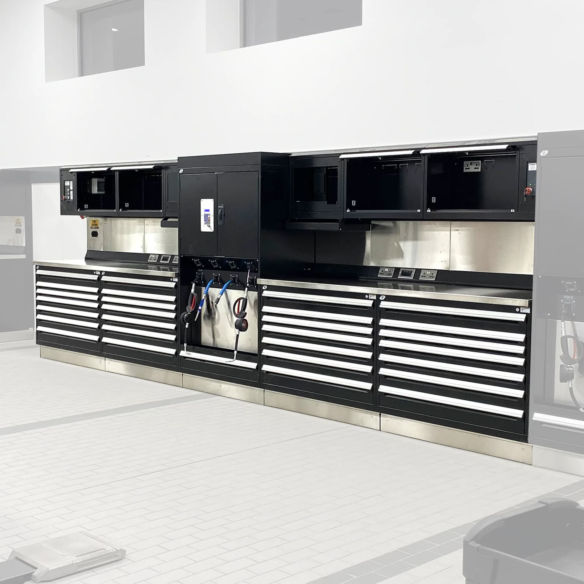 Heavy-Duty Workshop Furniture Including Workbenches and Cabinets