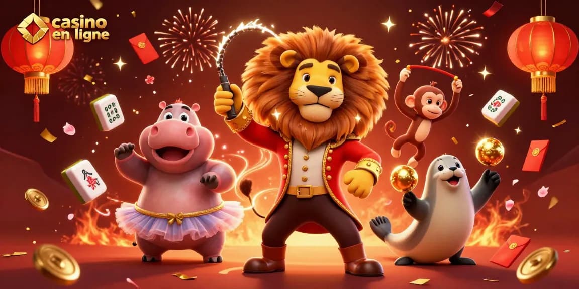 Illustration dynamique de casino en ligne avec un lion maître de cérémonie et un hippopotame en tutu.