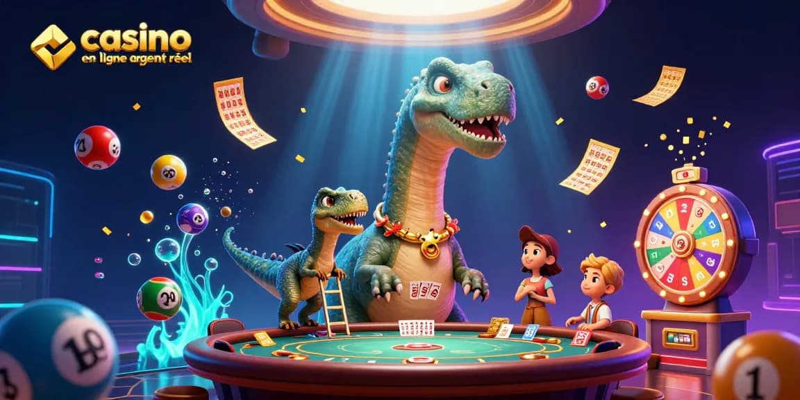 Visualisez un brontosaurus et un raptor dealer des cartes dans un casino en ligne argent réel dynamique.