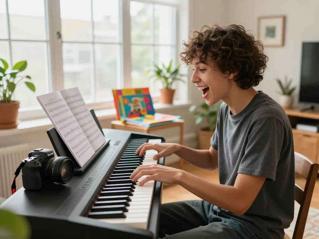 Person joyfully playing the go 88 digital piano in a bright home setting.