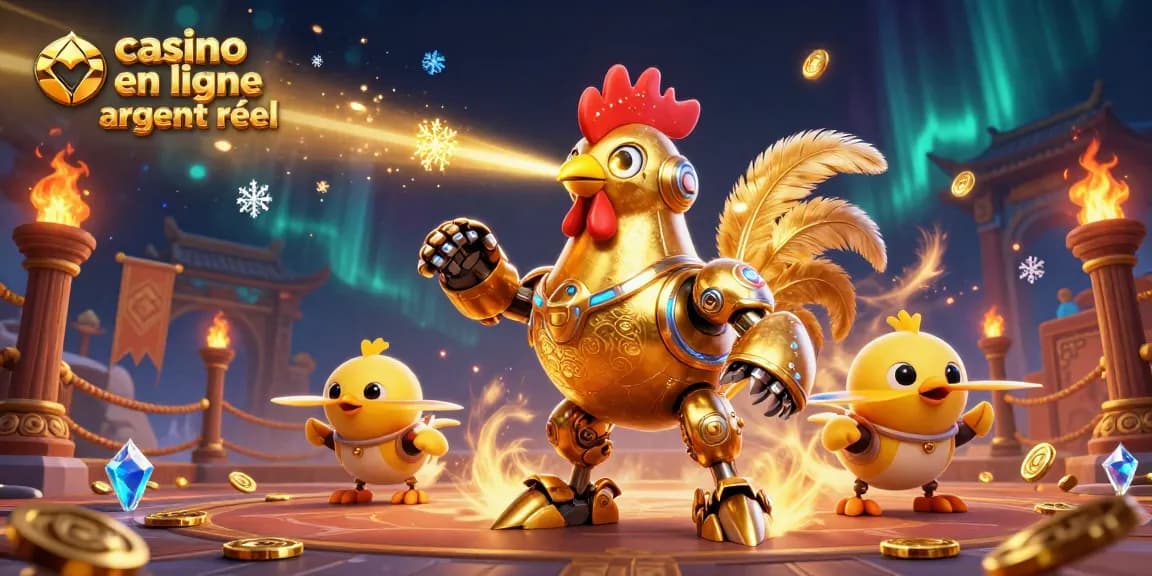 Découvrez l'animation d'un casino en ligne argent réel avec un robot coq doré et des drones poussins.