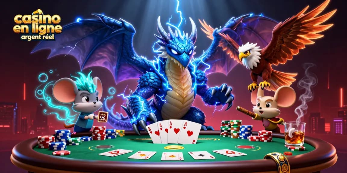 Jouez au casino en ligne argent réel avec des dragons et des cartes colorées dans une illustration dynamique.