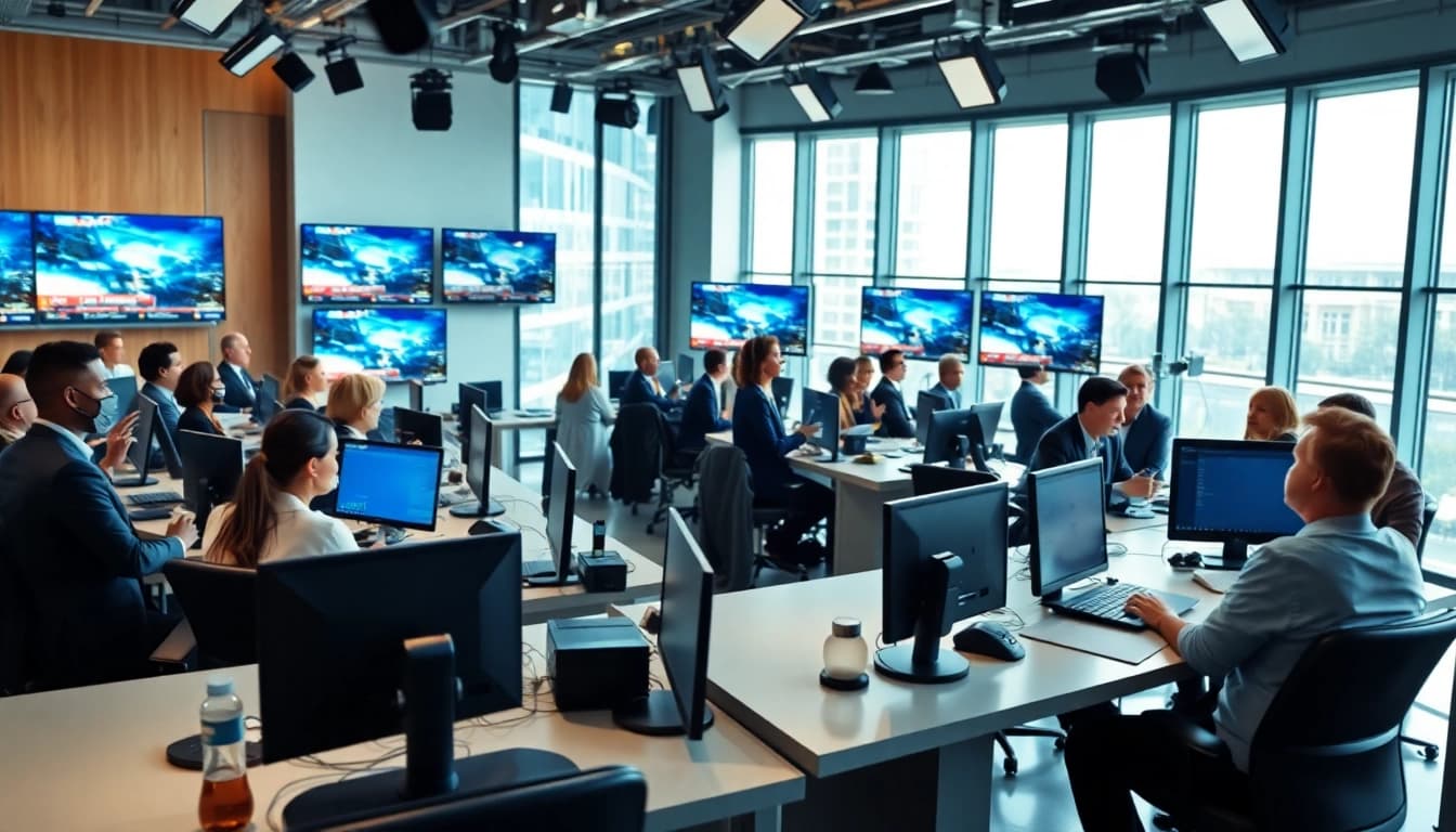 Newsroom filled with journalists discussing current news, showcasing modern workspace.