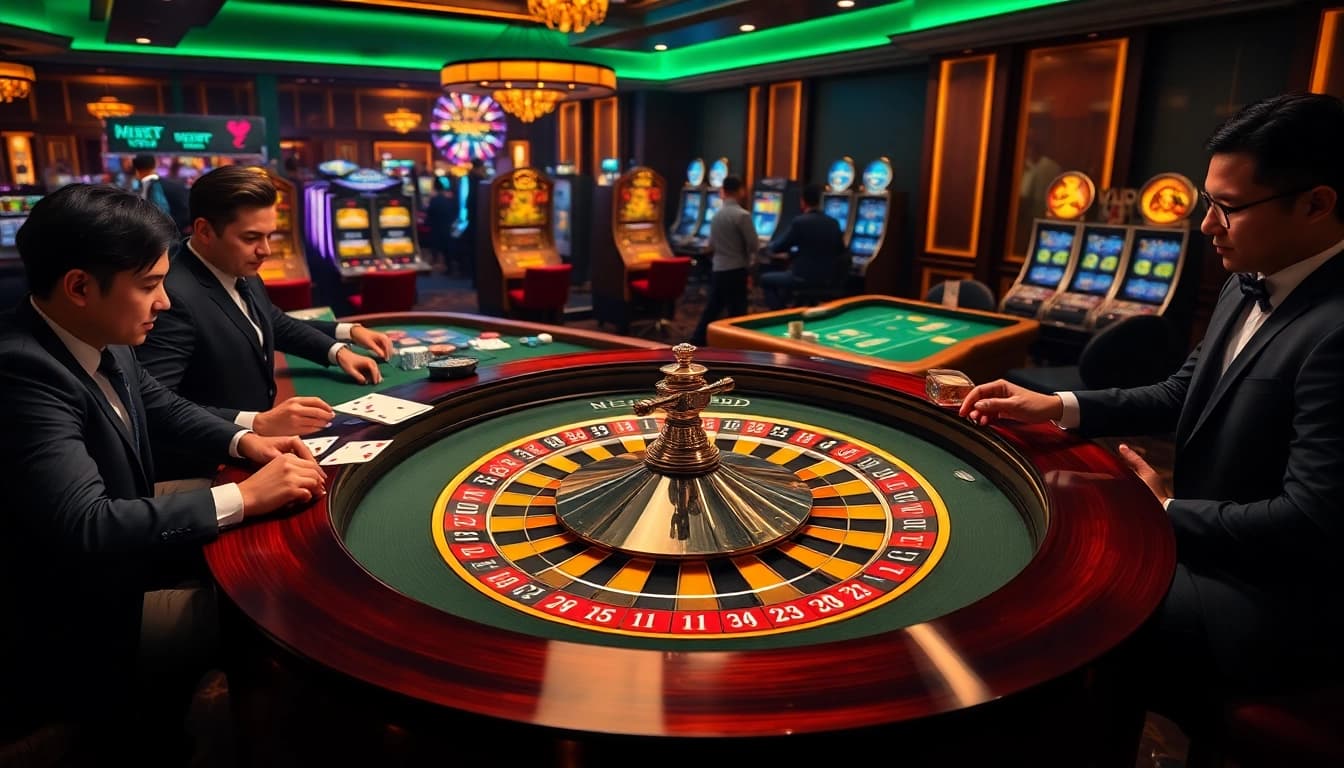 Man88 engaging players at a professional roulette table in an exciting casino atmosphere